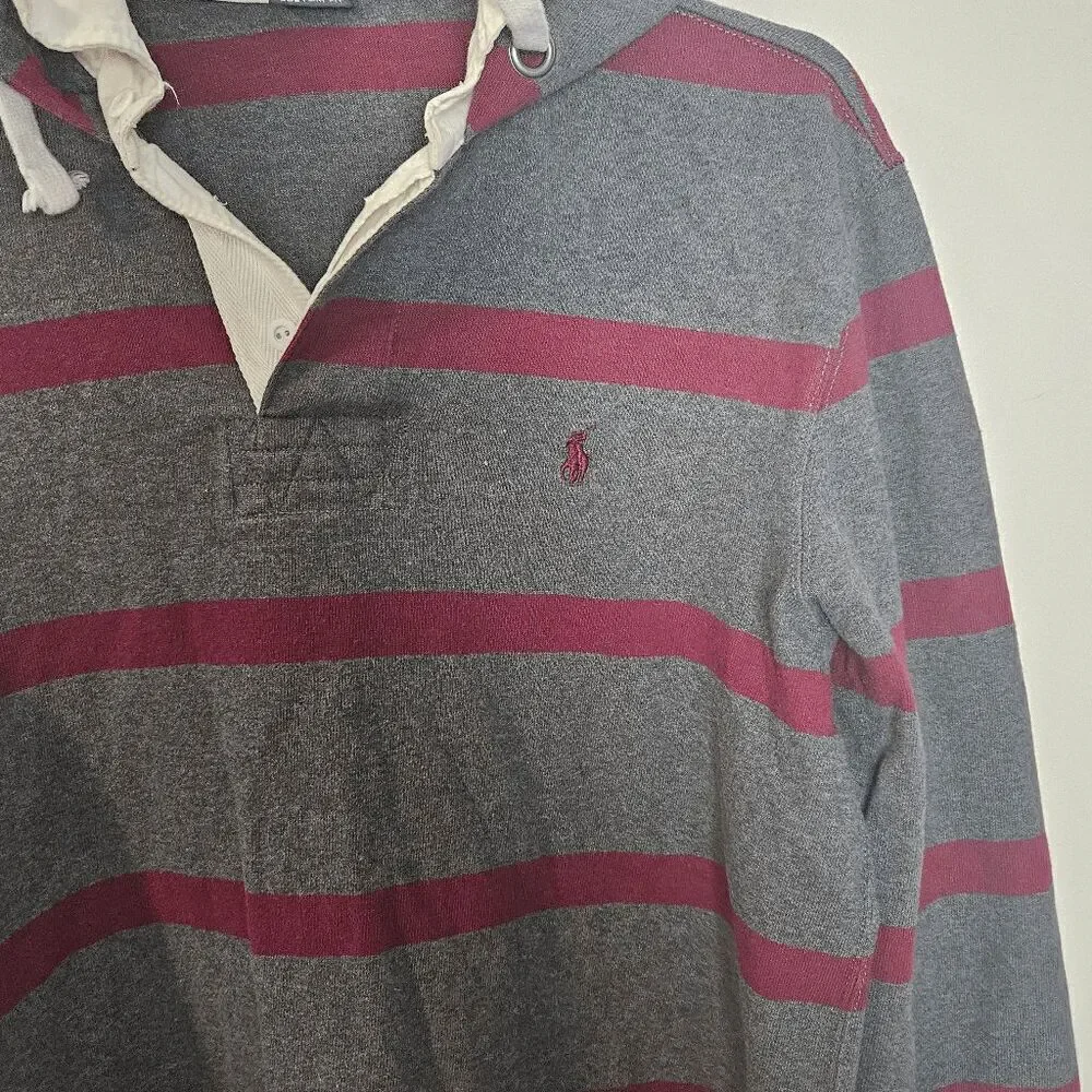 Vintage Polo Ralph Lauren Collared Hoodie Long Sleeve Striped Men's Gray/Red Siz